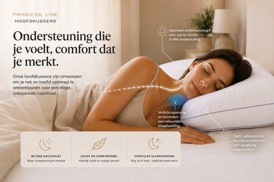 Vrouw met gesloten ogen slaapt op Princess Line hoofdkussen met optimale nekondersteuning.