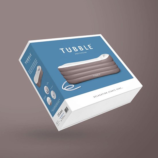 Verpakking van het opblaasbare bad Tubble met afbeeldingen van het bad.