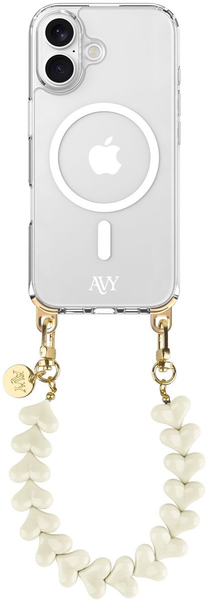 AVY Hoesje geschikt voor Apple iPhone 16 | Compatibel met MagSafe | Clear Case met Telefoonkoord 30CM | Polsband Cupid Beige