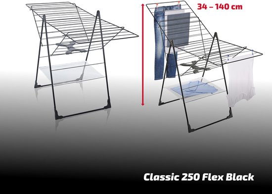 Zwart Classic 250 Flex droogrek met verstelbare breedte van 34-140 cm, met wasgoed.