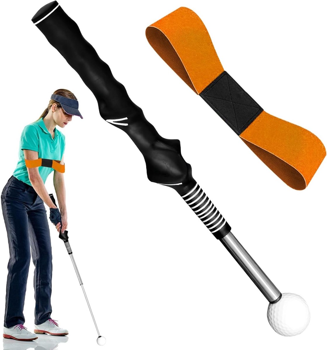 Verstelbare golfgreeptrainer met armband voor houdingscorrectie en opwarmingsoefeningen, inclusief chippen en uitlijningsstaven
