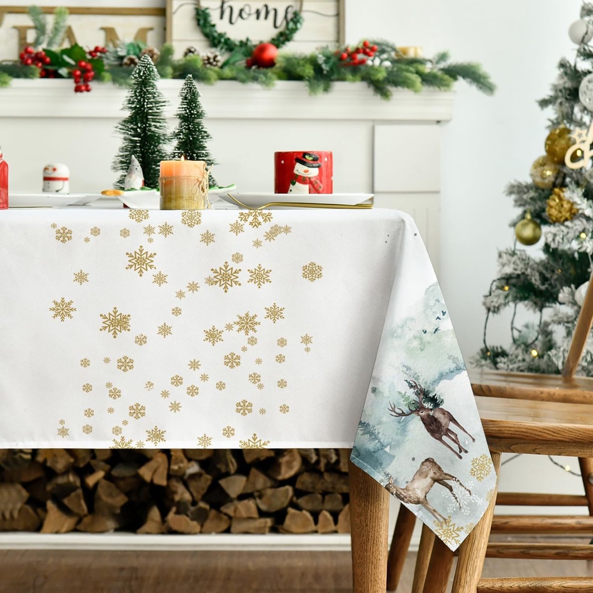 ONF3 - Tafelkleden - Gouden Sneeuwvlokken - Luxe Tafelkleed - 140 x 160 cm - Kerst Decoratie - Perfect voor Feesten - Grijs/Goud