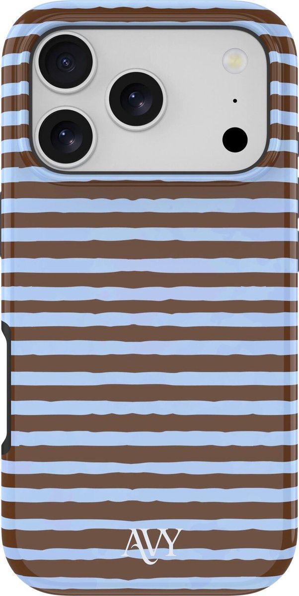 AVY Hoesje geschikt voor Apple iPhone 17 Pro | Ocean Latte | Strepen | Bruin & Blauw | Hard Shell Back Cover | Compatibel met MagSafe & Qi2