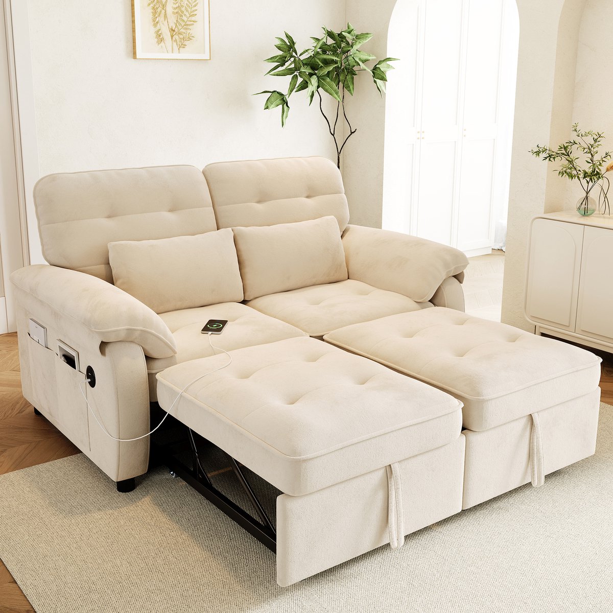 3-in-1 slaapbank - opvouwbare bank - met verstelbare rugleuning en bedfunctie - met USB-oplaadpoort - beige - inclusief 2 kussens