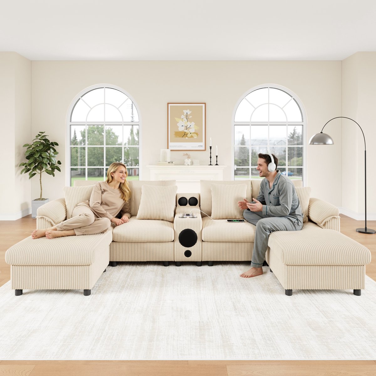 U-vormige en L-vormige bank - met bluetooth en console - met opbergruimte - draadloos opladen - USB-poort - bekerhouder en kussens - beige