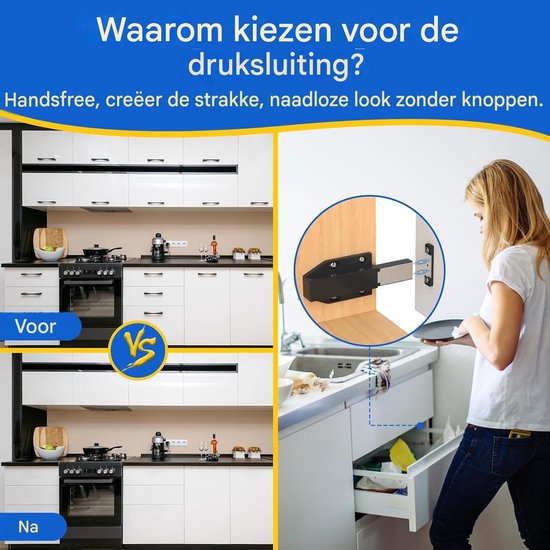 Keuken met greeploze kasten (voor en na installatie magnetische druksluiting).
