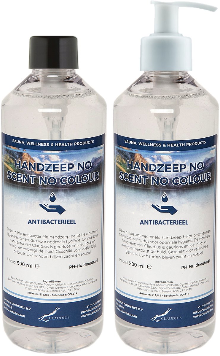 Handzeep No Scent No Colour 500 ml - set van 2 stuks - met gratis pomp - Voordeelverpakking