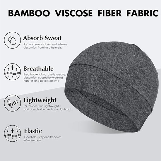 Donkergrijze beanie van bamboe viscose stof met de tekst "Absorb Sweat", "Breathable" en "Lightweight".