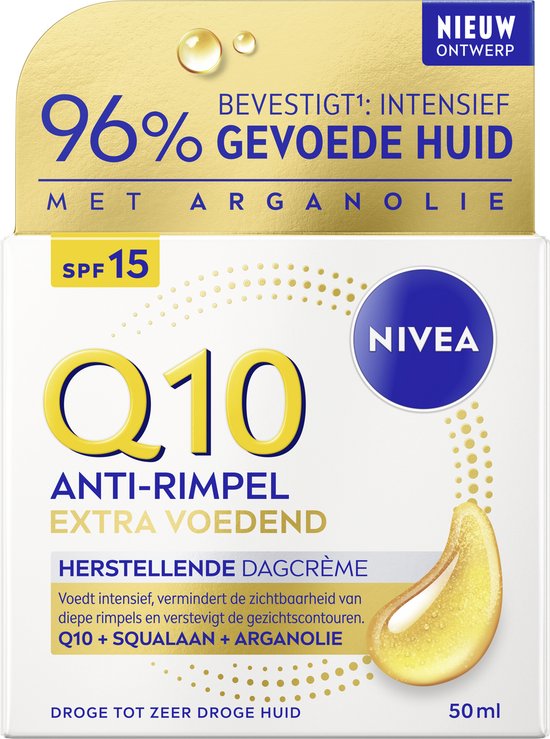Nivea Q10 Extra Voedende Dagcrème met SPF 15 en arganolie.