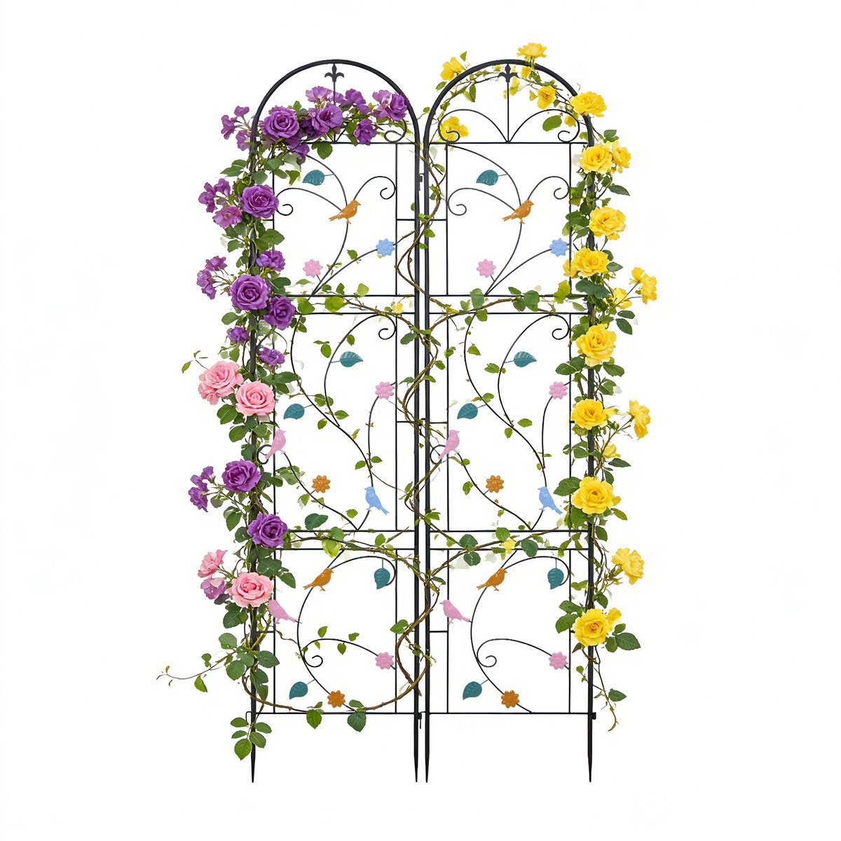 unho Luxe Tuin Klimrek Set van 2 - 214cm Hoog - Metaal Plantensteun met Decoratieve Vogels & Bloemen - Roestbestendig Klimscherm voor Klimplanten - Eenvoudige Montage - Zwart & Meerkleurig
