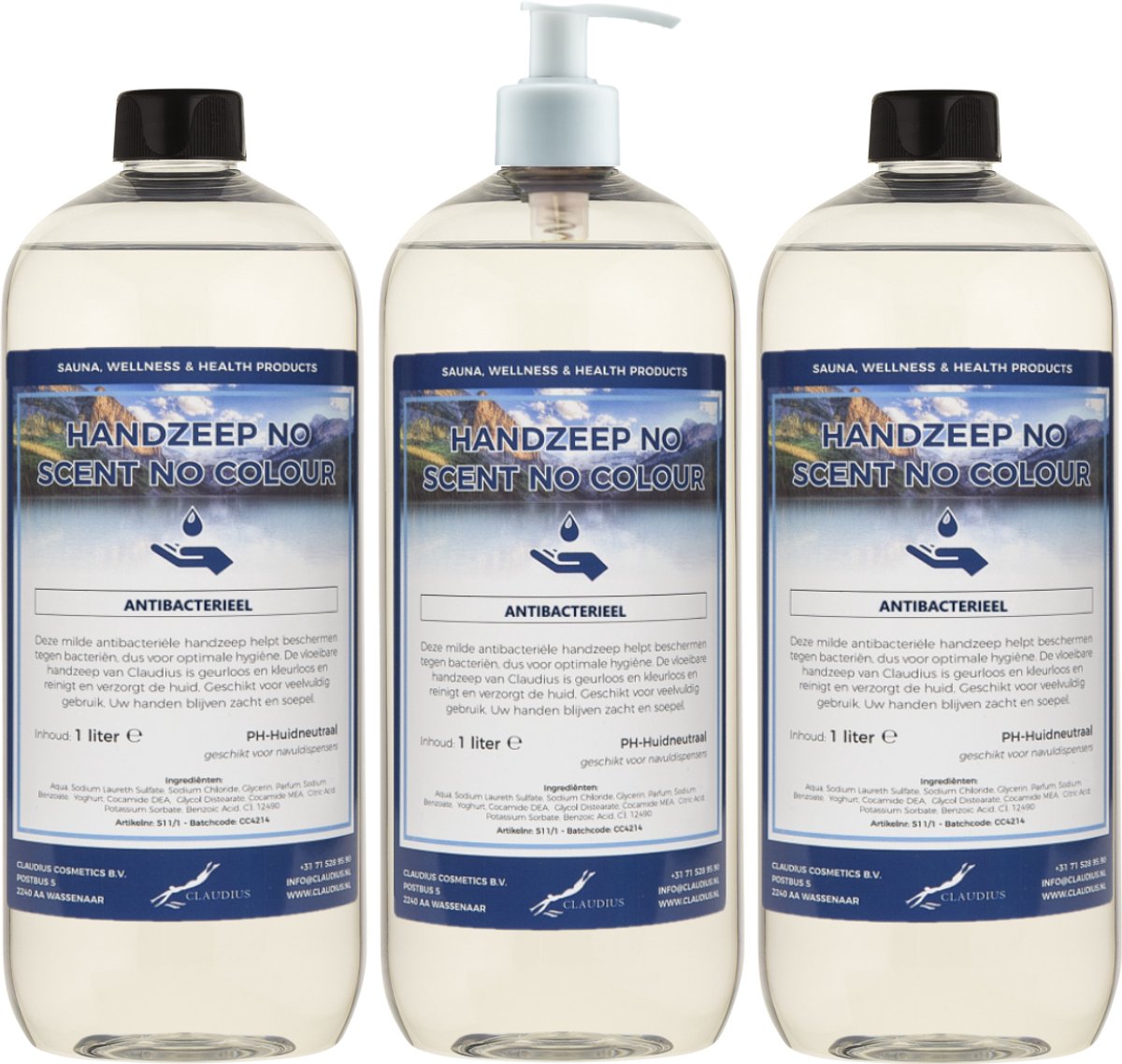 Handzeep No Scent No Colour 1 liter - set van 3 stuks - met gratis pomp - Voordeelverpakking