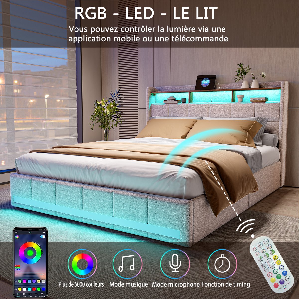 ROSAHQNDA Kingsize bed (180x200 cm), tweepersoonsbed met ledverlichting, USB- en Type-C-aansluitingen, opbergbed met 4 lades, beige linnen bekleding - geen matras