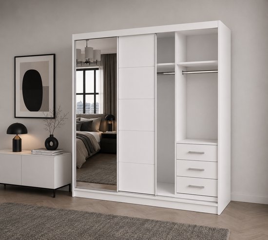 Armoire Posa 42 - Armoire 2 portes coulissantes avec miroir, 3 tiroirs et tringle à vêtements - Armoire pour chambre, hall et salon - Armoire moderne avec grand espace de rangement (Wit)