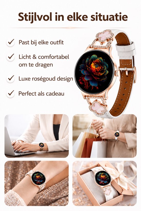 Hibousee Smartwatch voor Dames met Bluetooth Bellen, Gezondheid & Fitness Tracker – Stappenteller, Hartslagmeter, Slaapmonitor – iOS & Android - Incl 3 bandjes