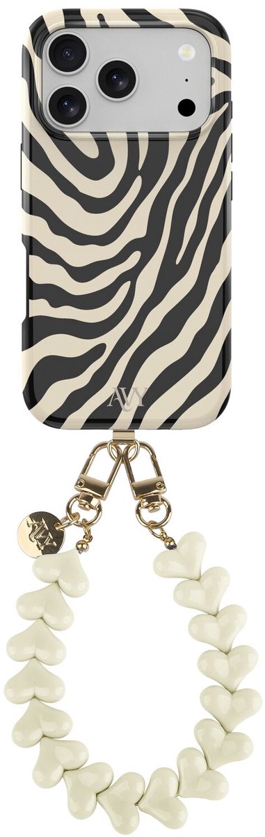 AVY Hoesje Met Telefoonkoord | Geschikt voor Apple iPhone 17 Pro | Compatibel met MagSafe | Hard Shell Back Cover | Stijlvol Bijpassend Koord 30CM | Safari Hearts | Zwart & Wit