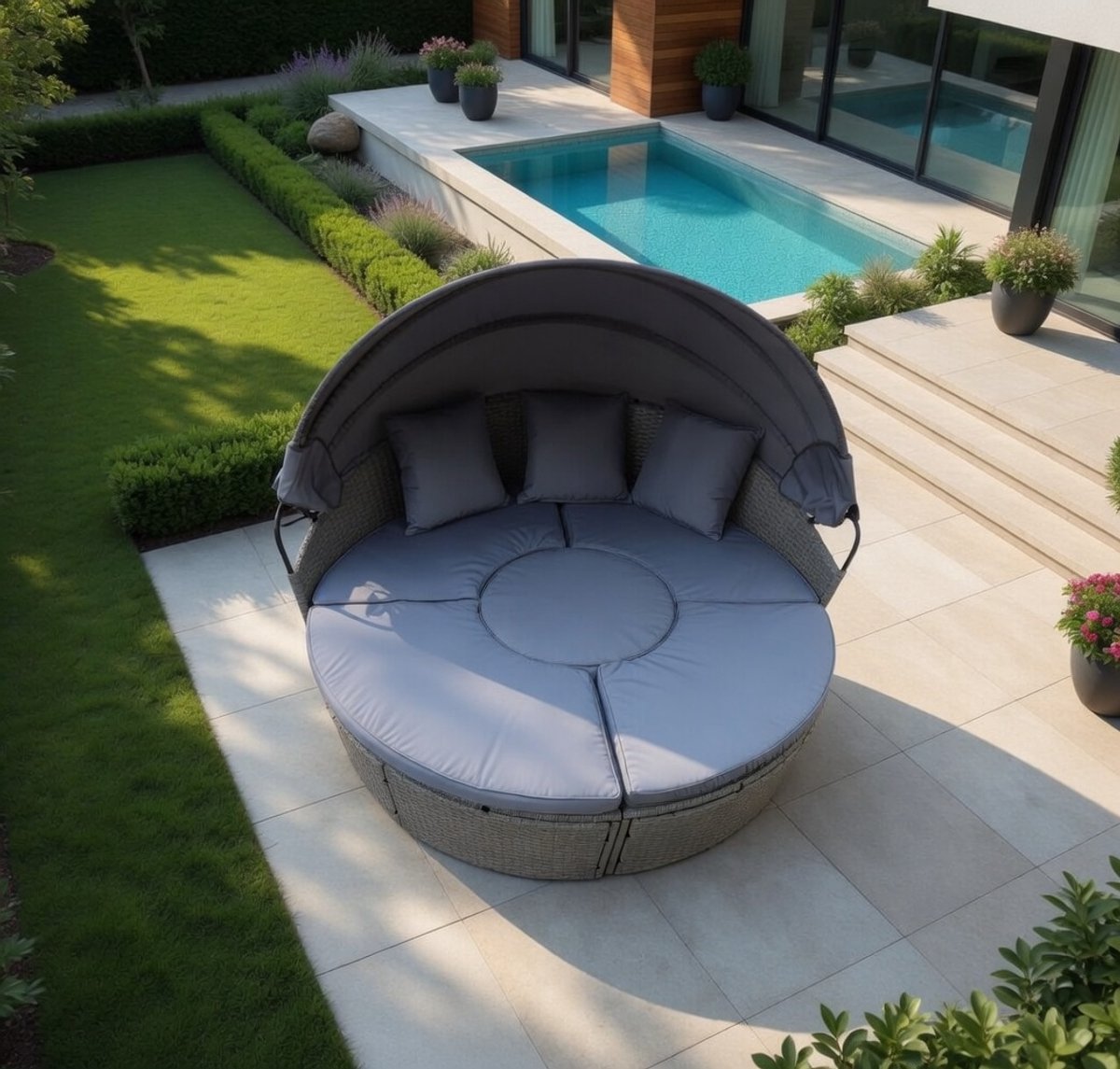 Solar Island with Roof and Table, Rattan for 2 Persons, Sun Lounger with Seat and Back Cushion, Outdoor Lounge Furniture Round Lounger for Garden, Patio-Industrohome