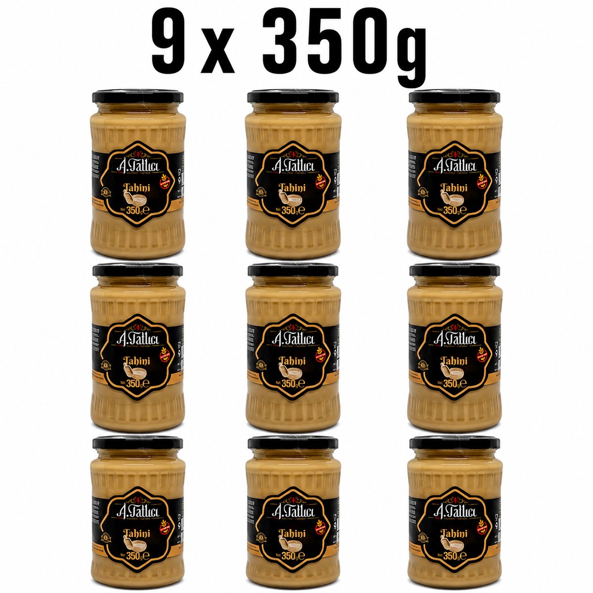 Abdurrahman Tatlici Tahin 100% Sesampasta – Glutenvrij Tahini & Zonder Toevoegingen – 9x 350g Glazen Pot | Rijk aan Calcium & Plantaardige Eiwitten