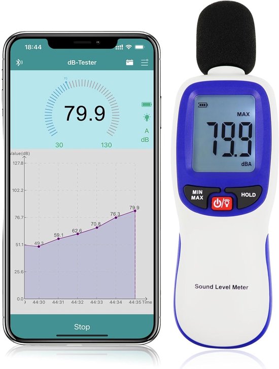 Decibelmeter Bluetooth met App en Datalogger Geluidsmeter 30 tot 130 ...
