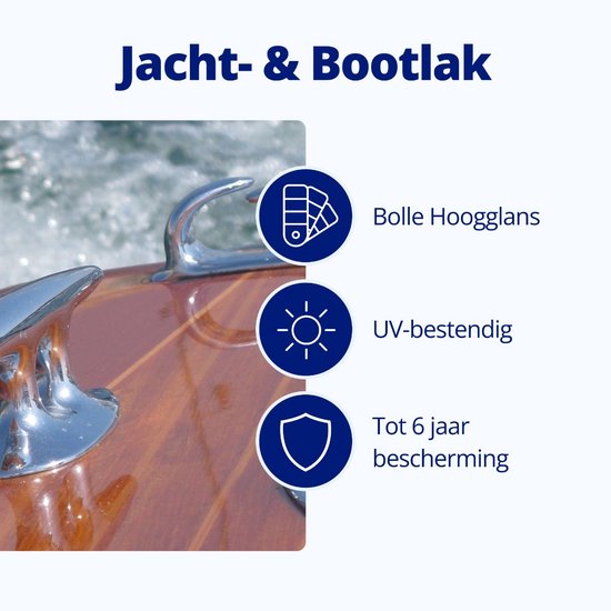 Houten bootdek met chroombeslag. "Afinol Jacht- & Bootlak Bolle hooglans". UV-bestendig. Tot 6 jaar bescherming.