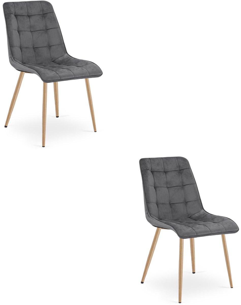 LEOBERT Set van 2 Eetkamerstoelen SPLIT – Donkergrijs Velvet / Fluweel – Gestoffeerde Zitting – Metalen Poten in Eikenlook – Modern Design – Voor Eetkamer en Keuken