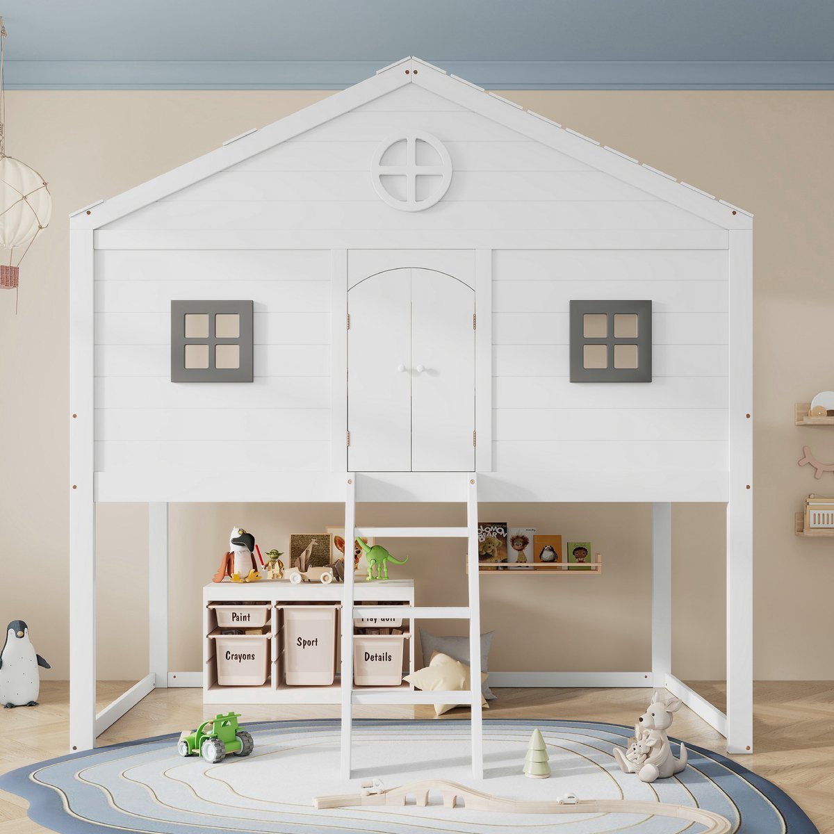 VVBV Huisbed 90x200 – Huisbed 90x200 – Kinderbed 90x200 – Grenenhout – Grijs – Lades – Opbergruimte – Lattenbodem – Zonder Matras – Kinderbed met Lade wit