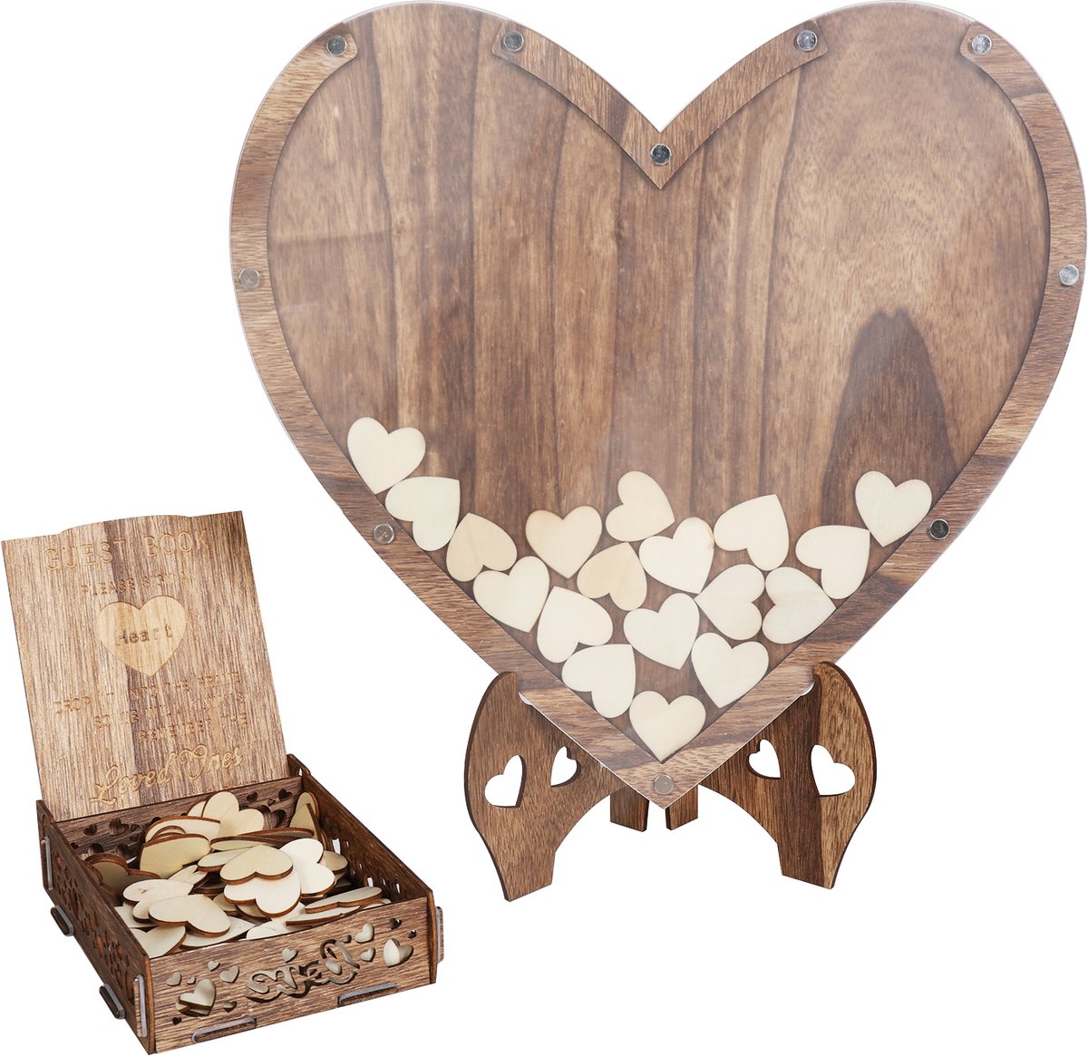 FATIVO Gastenboek Bruiloft - Hart Guestbook Wedding - hout - met 88 Harten Kaartjes & DIY Opbergbox - 38x30cm
