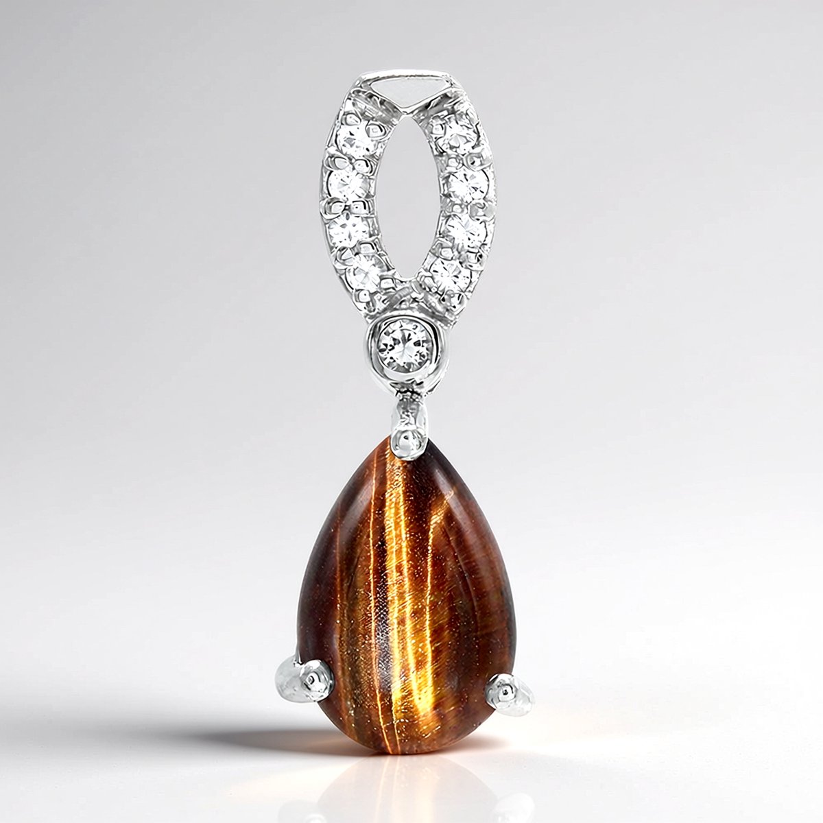 Cavill - Zilveren Hanger - 925 Sterling Zilver - Rode Tijgeroog Cabochon Peervorm 2,88 ct - Witte Topaas Pavé 0,17 ct - Elegant Dames Sieraad