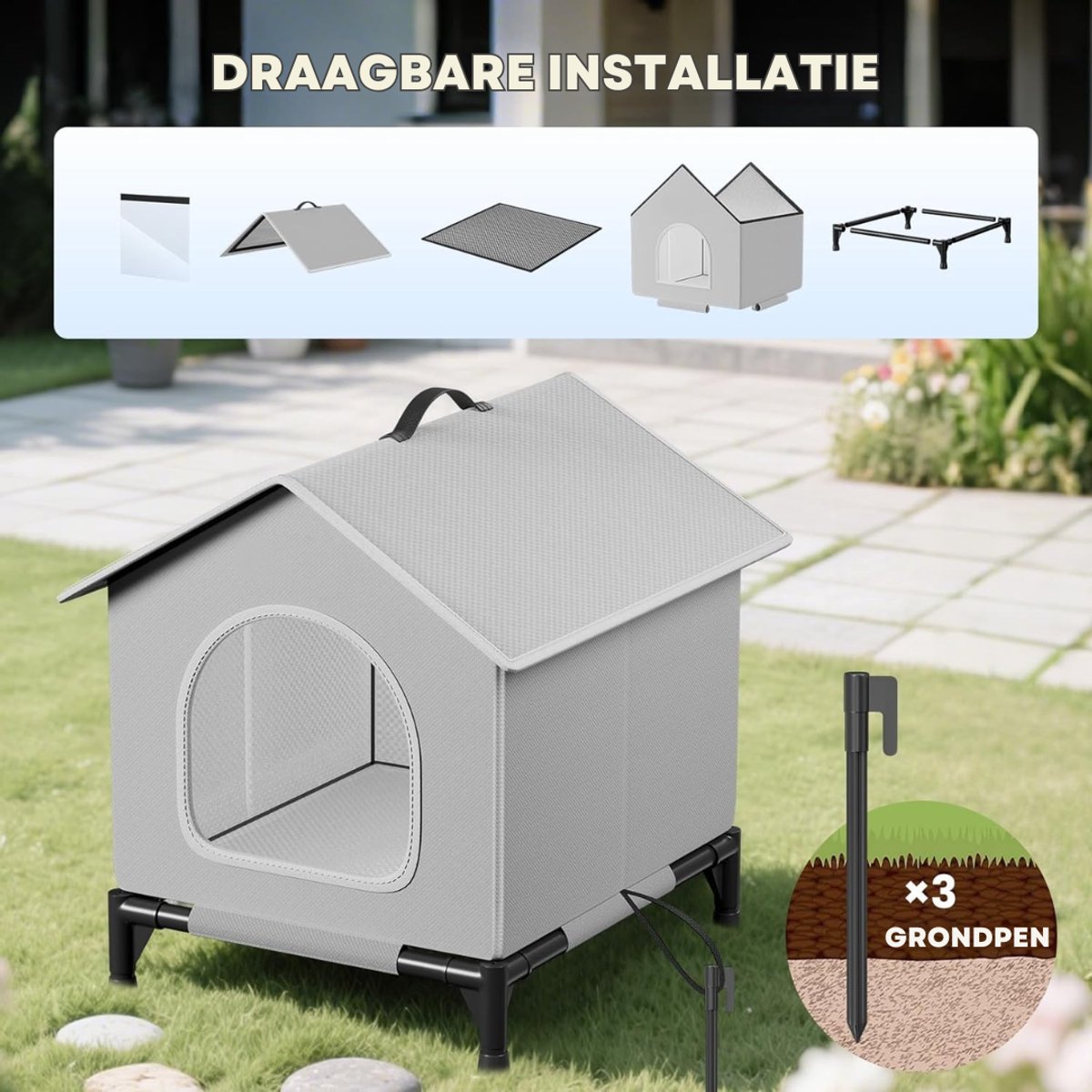 SNJY® Kattenhuis voor Buiten - Kattenhok - Kattenbak - Dierenhuis - 34L x 40B x 47H cm - Grijs