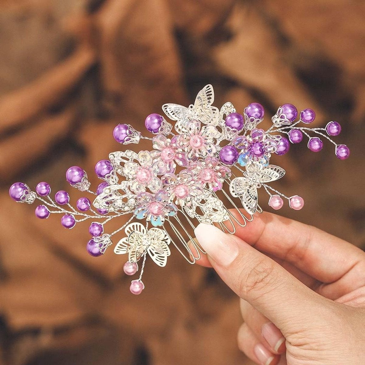 Paarse Bruidshaarkam met Zijden Bloem en Vlinder - Haaraccessoire voor Bruiloft en Feest