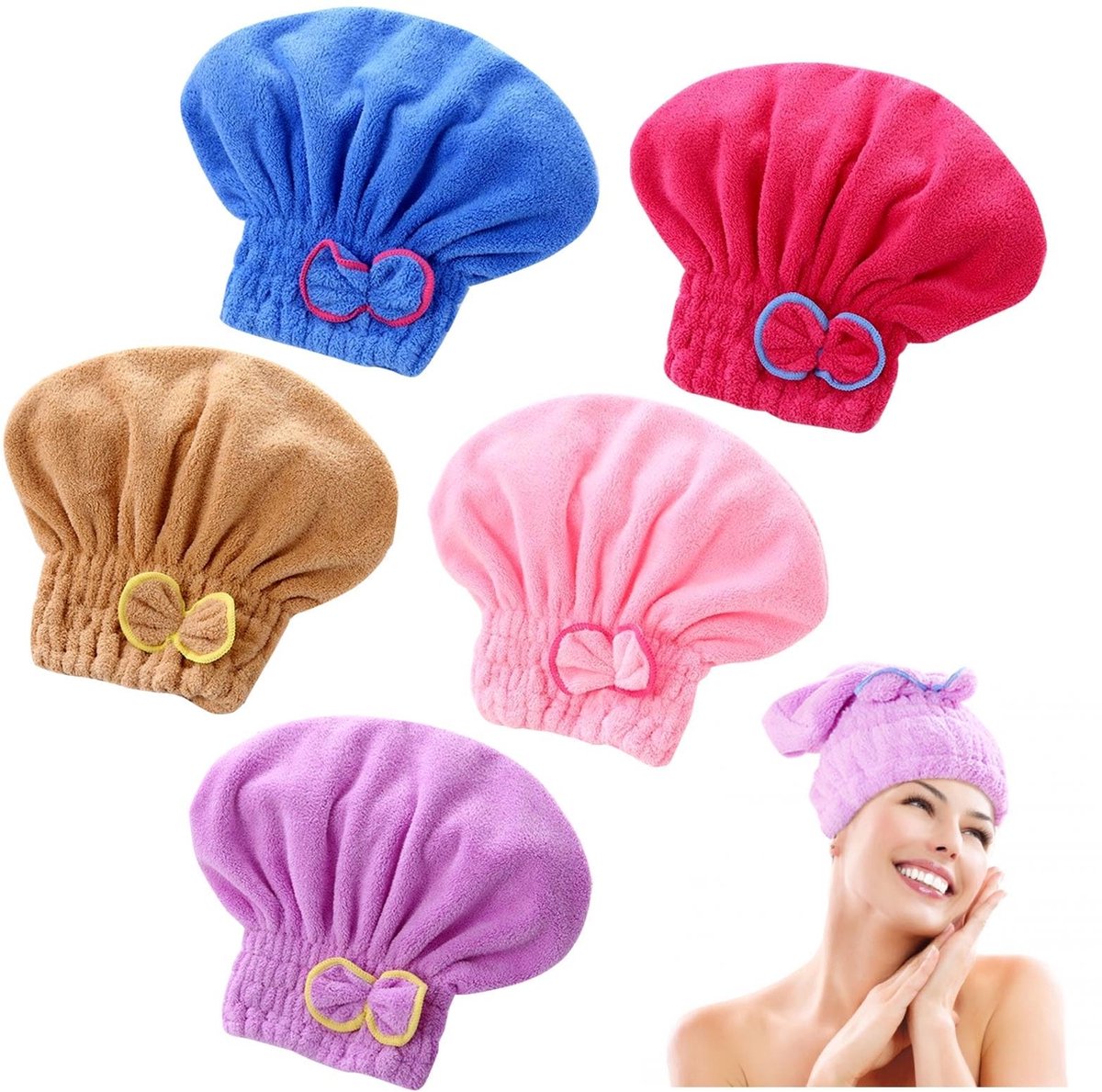 aladdien - Haarhanddoek - Sneldrogend - Microvezel - Super absorberend - Effen kleur - 5 stuks - Geschikt voor volwassenen - 27L x 28B cm