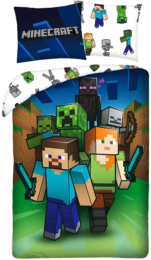 Dekbedovertrek met Steve, Alex, Creeper, Enderman en zombies in pixelstijl. Minecraft logo op kussensloop.