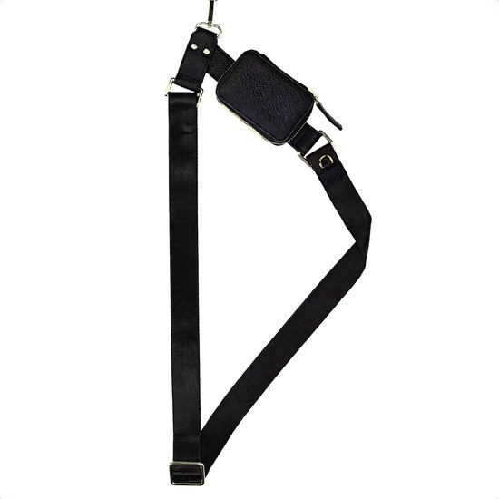 Dragonne noire pour téléphone portée en bandoulière, avec petit sac en cuir noir, accastillage doré et sangle réglable.