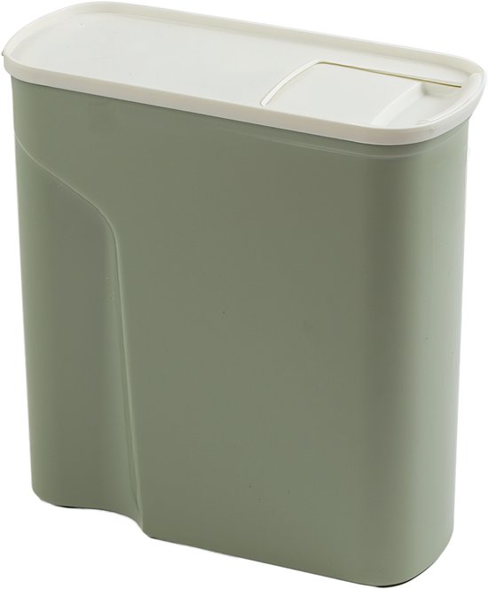 Contenant alimentaire vert avec couvercle blanc sur fond noir.