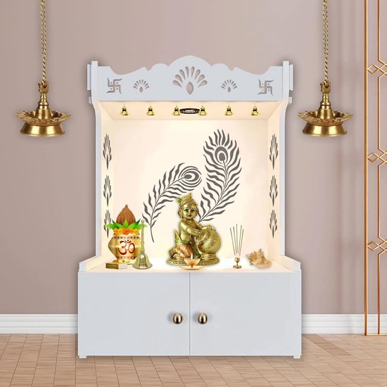 Houten tempel thuis - Pooja mandir - Gebedsruimte inrichten - Met focuslicht - 96.5 x 57.1 x 45.7 cm - Wit van houten — afbeelding 3