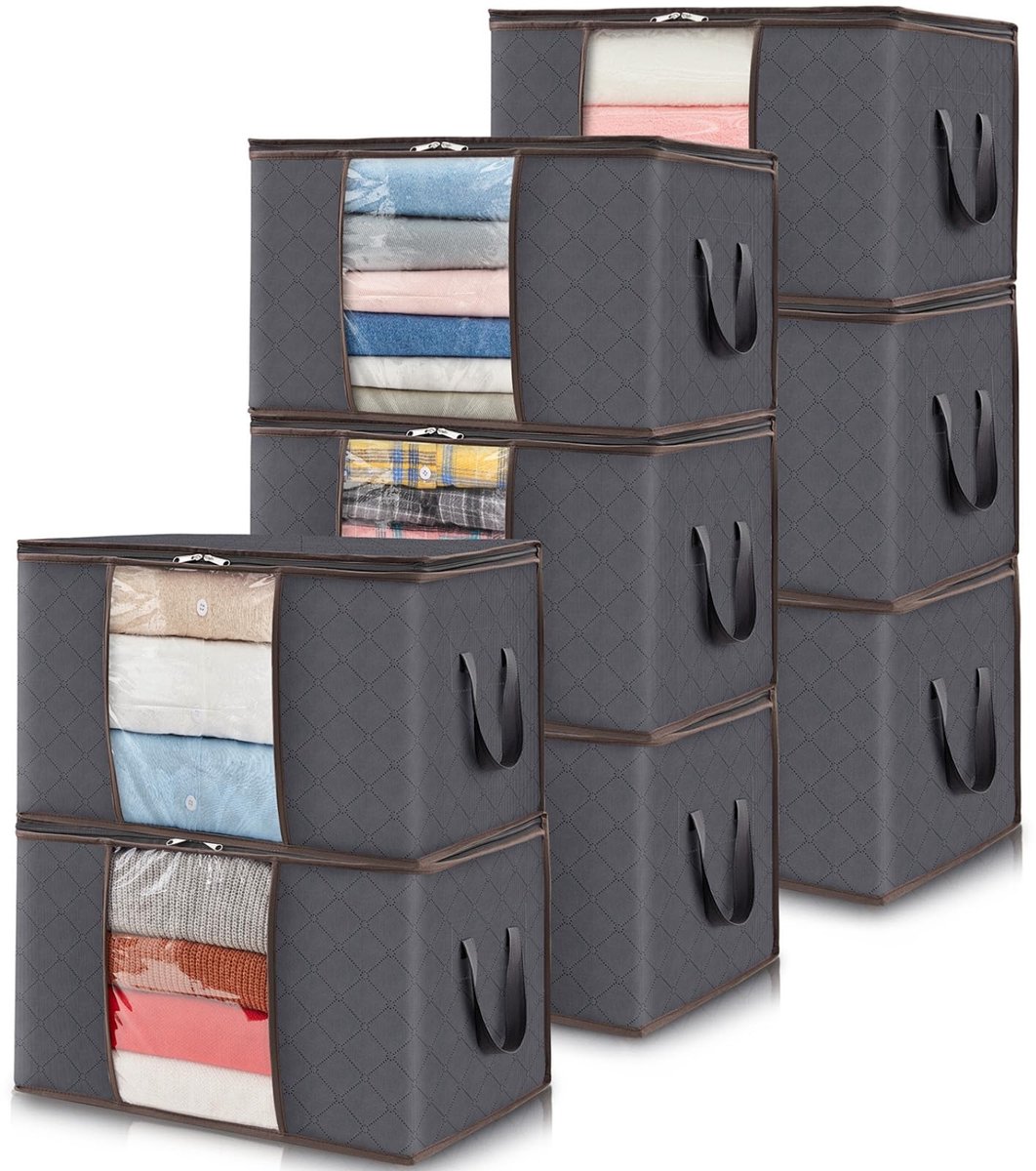 aladdien - Opbergtas voor Kleding - 8-pack - Ruimtebesparend - Grijs - Kledingopslag - 60 Liter - Geschikt voor dekbedden en dekens - Grijs