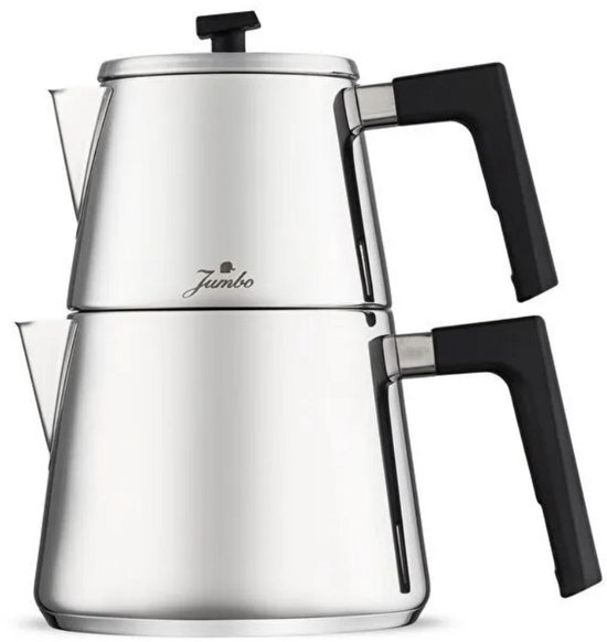 Zilverkleurige metalen Turkse theepot met twee lagen en zwarte handgrepen, met het logo "Jumbo".
