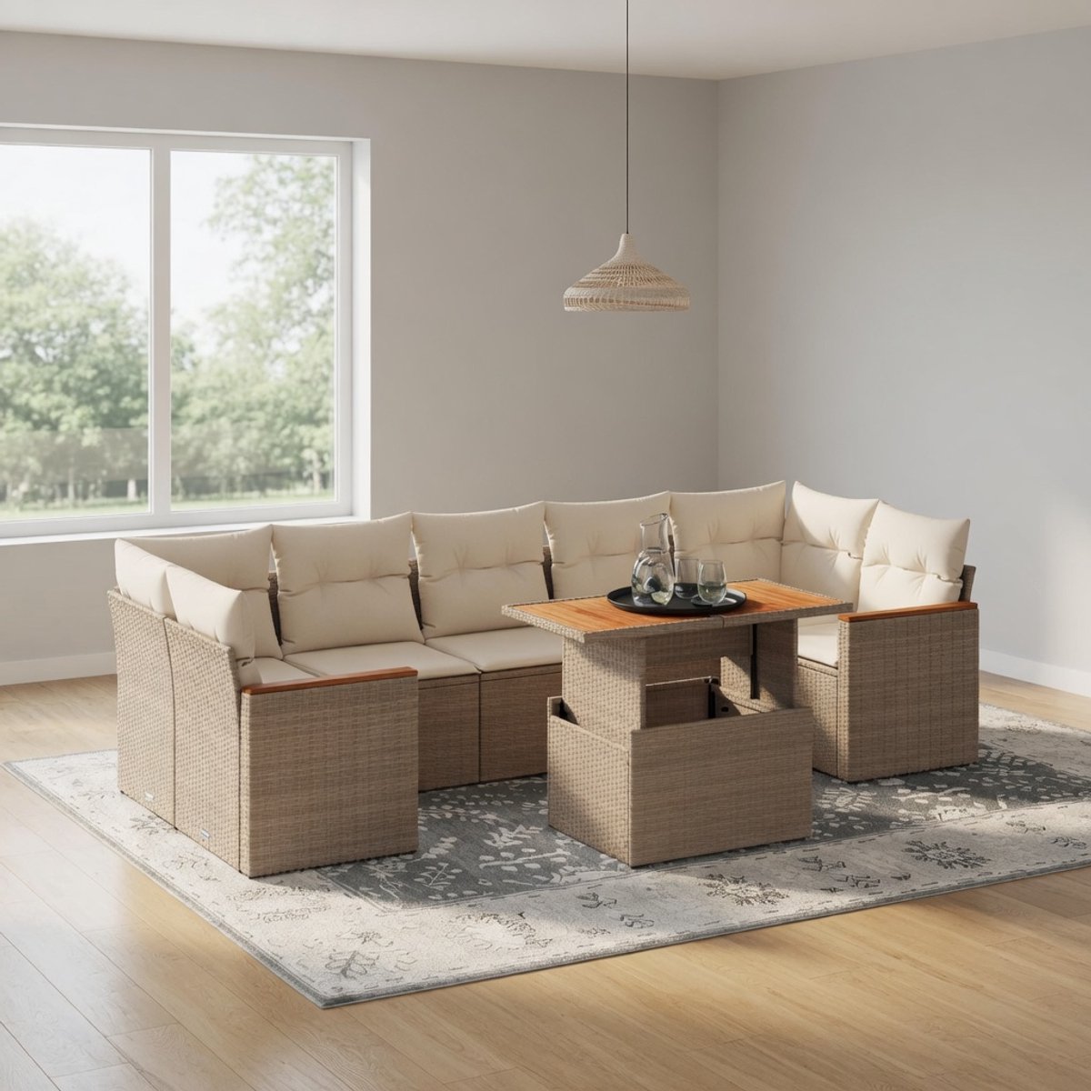 Luxe 8-delige Modulaire Tuinmeubelset met Verstelbare Tafel en Kussens – Beige Crème Polyrotan Loungeset met Opbergruimte – Grote Balkon- en Tuinset voor Buiten IndustroHome