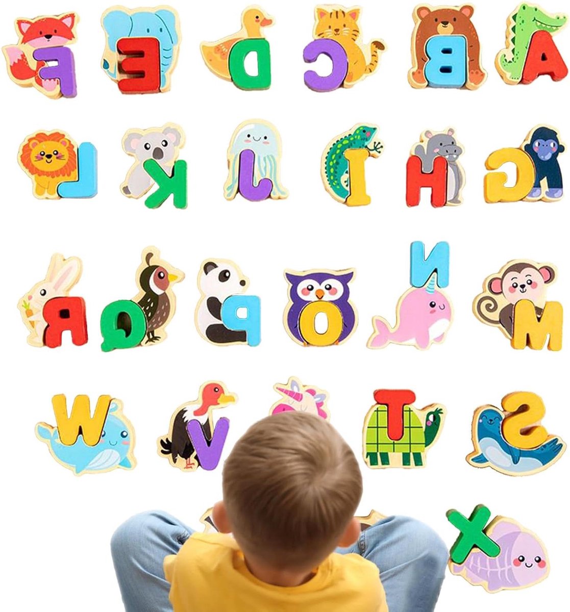 Alfabet Puzzel - Houten Puzzel - Leren Lezen - Met Dierenmotieven - 18 x 5 x 0.1 cm - Meerkleurig