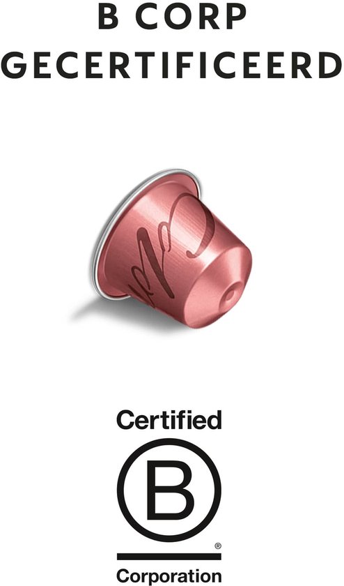 Roze Nespresso koffiecup met B Corp gecertificeerd logo.