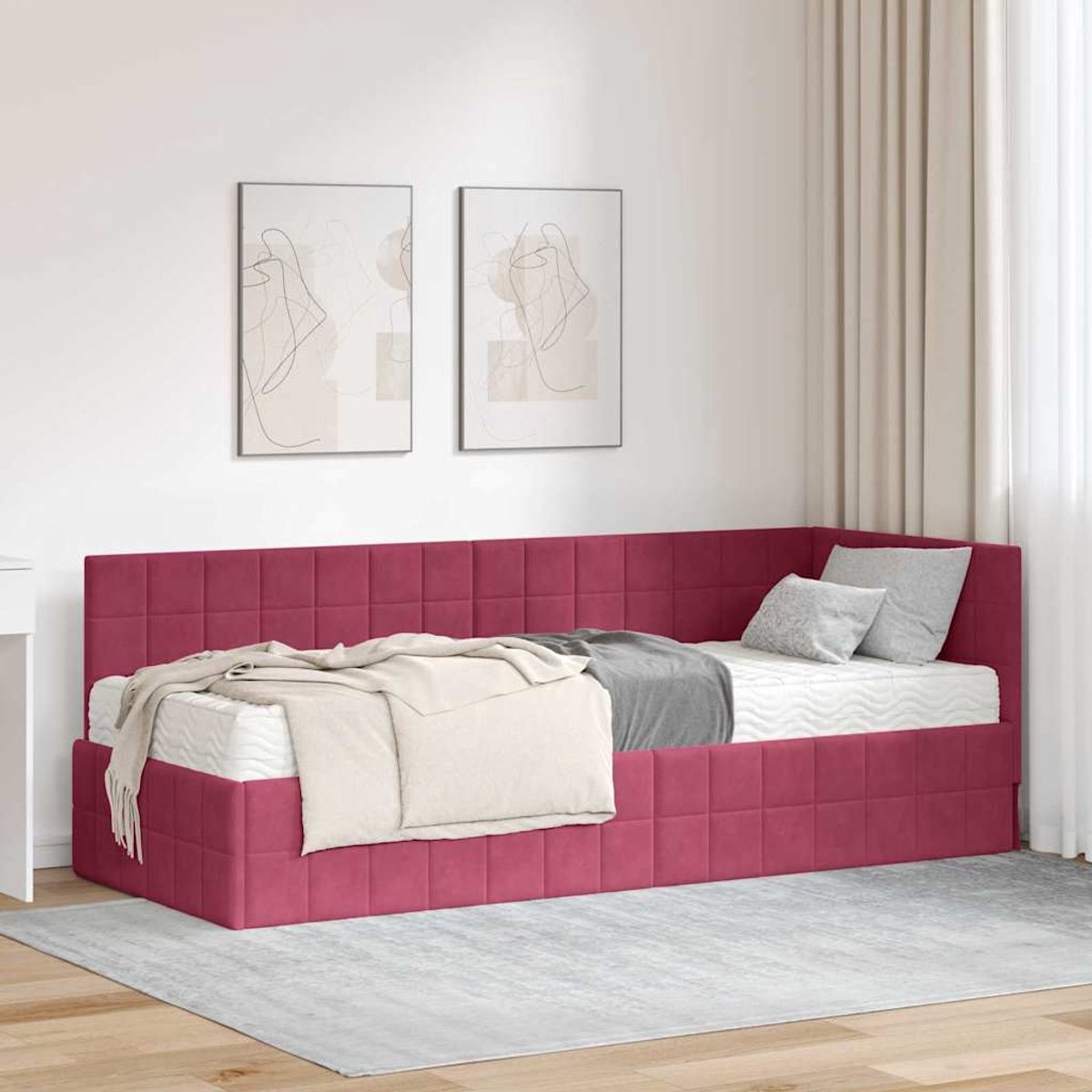 vidaXL Hoekbedframe - met - Matras - 2 - st - Wijnrood - 80 - x - 200 - cm - Fluweel
