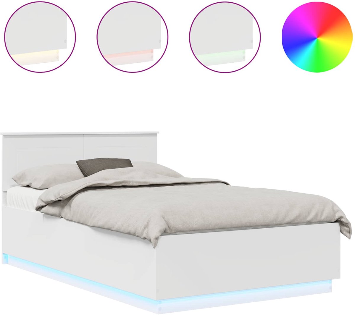 vidaXL Bedframe - met - LED-stripverlichting - Wit - 135 - x - 190 - cm - Bewerkt - hout