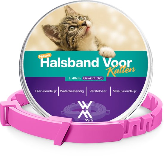 Roze halsband voor katten in verpakking met kittenfoto. L: 40cm Gewicht: 32g.