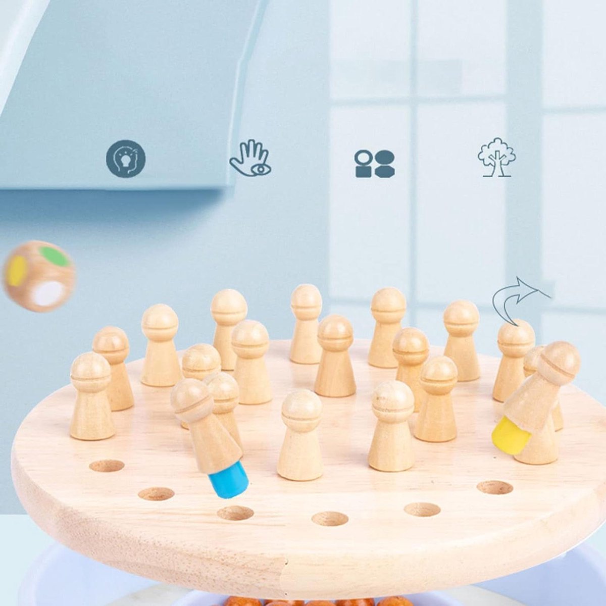 Houten Schaakspel - Geheugenspel Kinderen - Cognitieve Ontwikkeling - Kleurherkenning Logica - 17 x 4 cm - Multicolor