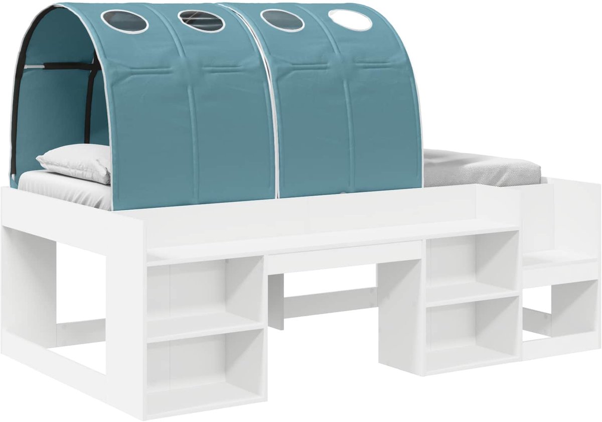 vidaXL Bed - met - Tunnel - met - plank - 3 - st - Wit - en - Lichtblauw - Bewerkt - hout Wit en lichtblauw