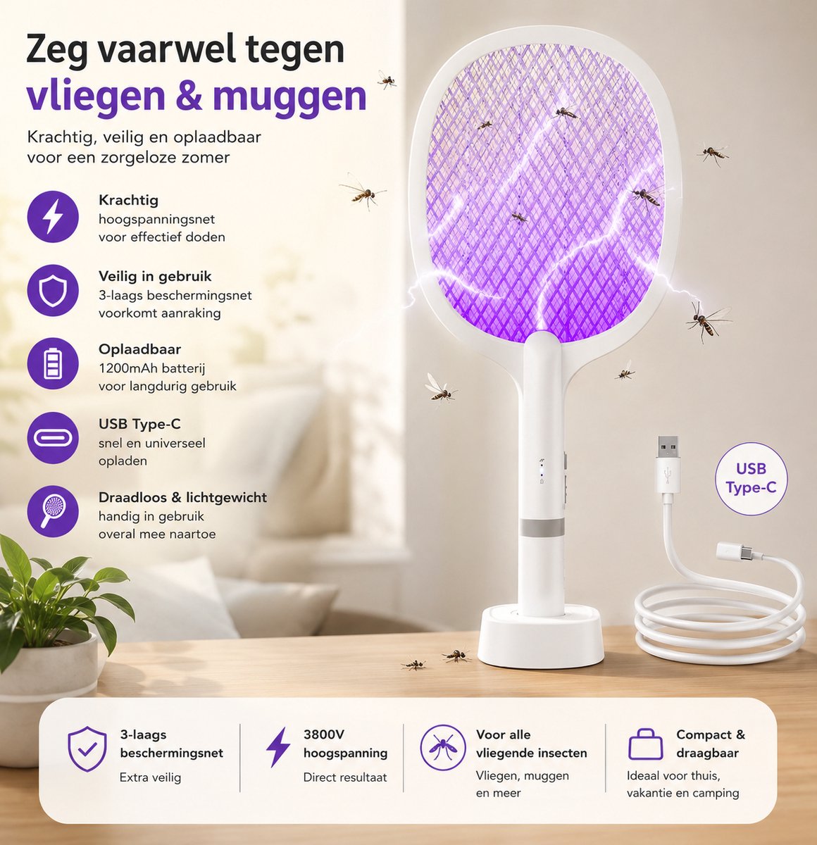 Elektrische Vliegenmepper 5000V, 2-in-1 Fly Zapper met USB-C Oplaadbasis, Insectendoder voor Muggen, Vliegen, Bijen en Motten
