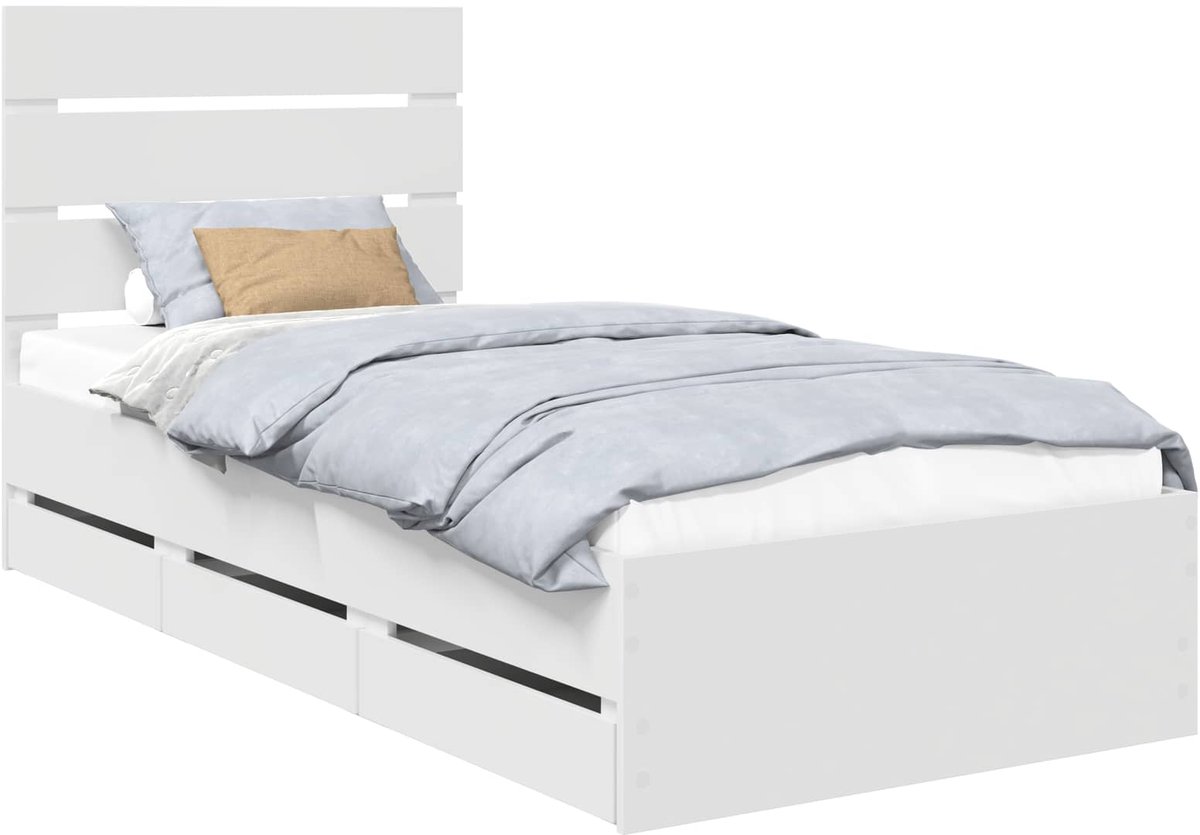 vidaXL Bedframe - met - lade - met - hoofdeinde - Wit - 75 - x - 190 - cm - Ingenieurshout