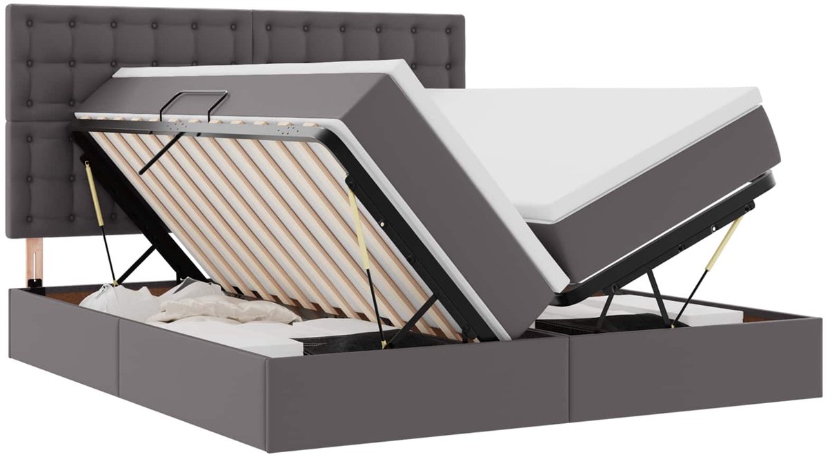 vidaXL Opbergbed - met - LED - met - hoofdeinde - Grijs - 180 - x - 200 - cm - Kunstleer