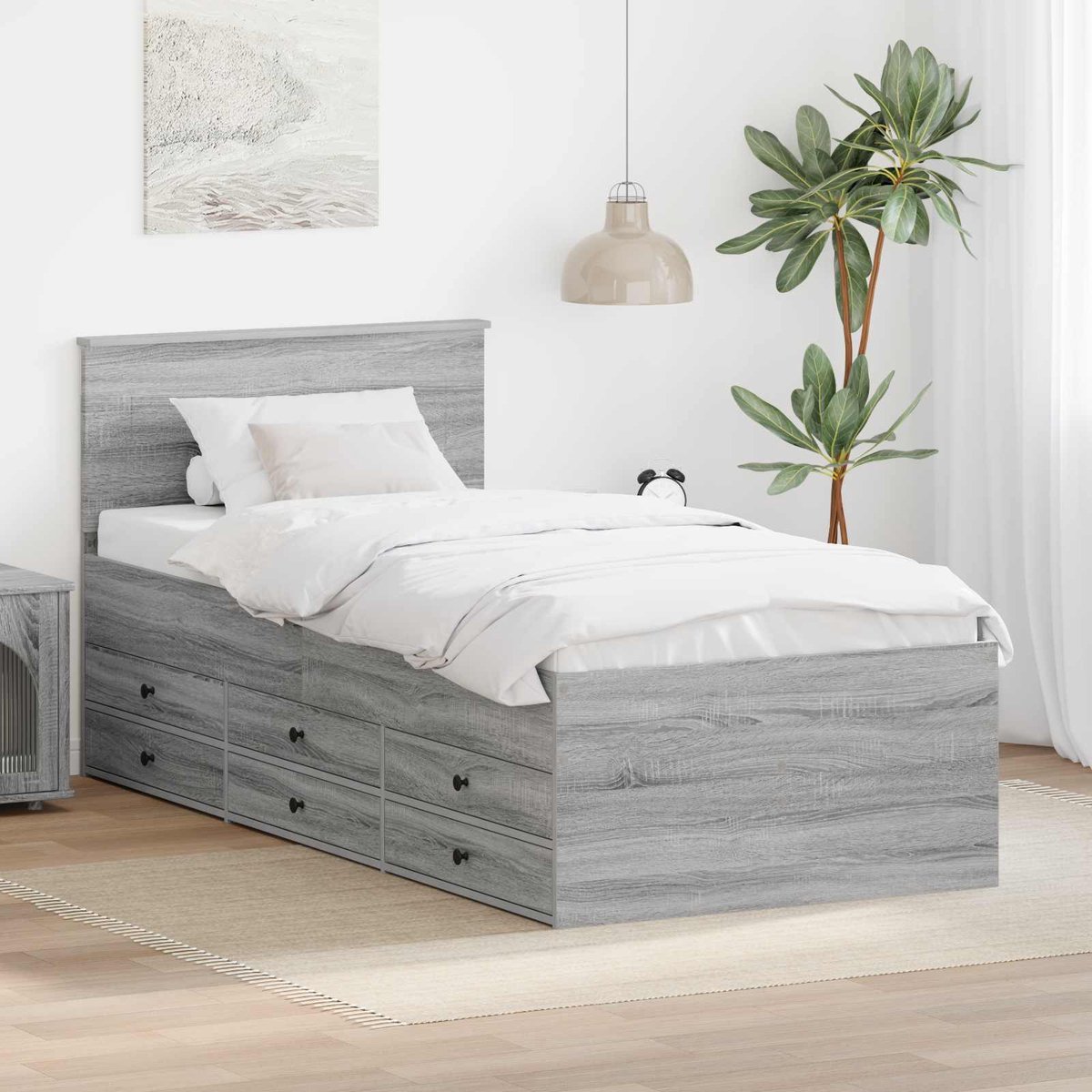 vidaXL Dagbed - met - lade - Grijs - Sonoma - en - Zwart - 75 - x - 190 - cm - Bewerkt - hout Grijs sonoma en zwart