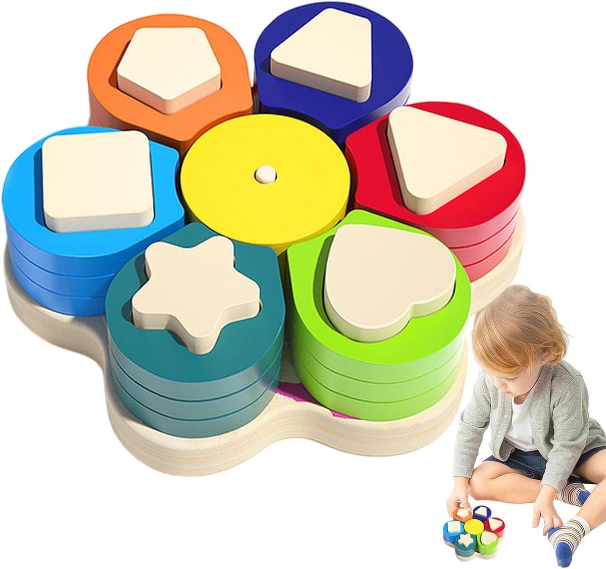 Houten Sorteerspeelgoed - Vormen Sorteerdoos - Vroeg Leren - Interactief Geometriespel - 18 x 18 x 4 cm - Felle Kleuren