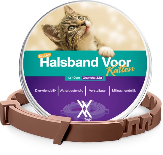 Bruine siliconen halsband met verstelbare band, met een ronde verpakking van 'Halsband Voor Kitten' ernaast. Diervriendelijk, waterbestendig, verstelbaar, milieuvriendelijk.